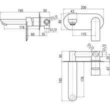 Technický nákres vodovodní baterie s rozměry