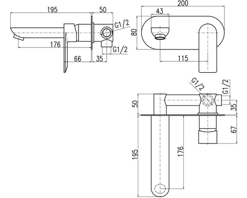 Technický nákres vodovodní baterie s rozměry