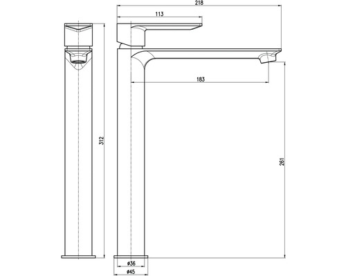 Technický výkres umyvadlové baterie s rozměry