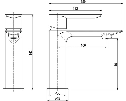 Technický nákres armatury s rozměry