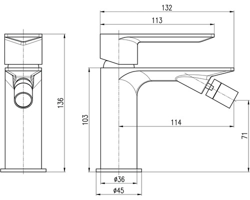 Technický výkres bidetové baterie s rozměry