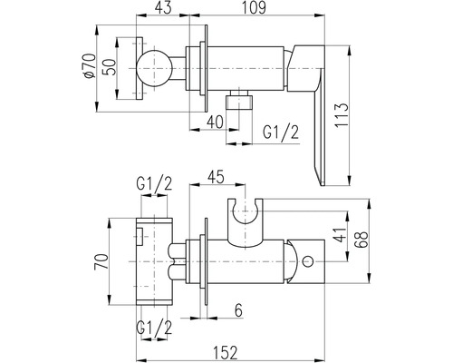 Technický výkres vodovodní baterie s rozměry
