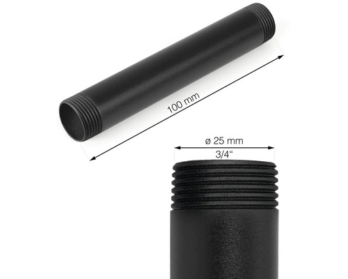Černá závitová trubka o délce 100 mm a průměru 25 mm (3/4 palce)