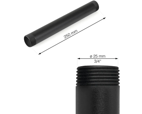 Černá trubka se závitovými konci, délka 250 mm a průměr 25 mm