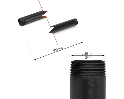 Detailní záběr černé závitové trubky o délce 300 milimetrů a průměru 25 milimetrů