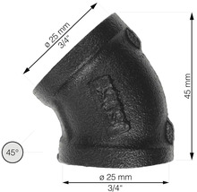 Černá tvarovka z temperované litiny, úhel 45 stupňů, průměr 25 mm
