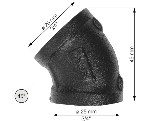 Černá tvarovka z temperované litiny, úhel 45 stupňů, průměr 25 mm