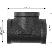 Obrázek litinového T-kusu o šířce 52 mm a výšce 42 mm.