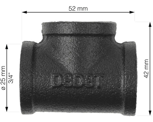 Obrázek litinového T-kusu o šířce 52 mm a výšce 42 mm.