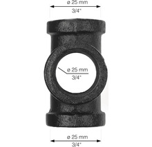 Černý T-kus z litiny, průměr 25 milimetrů, závit 3/4 palce