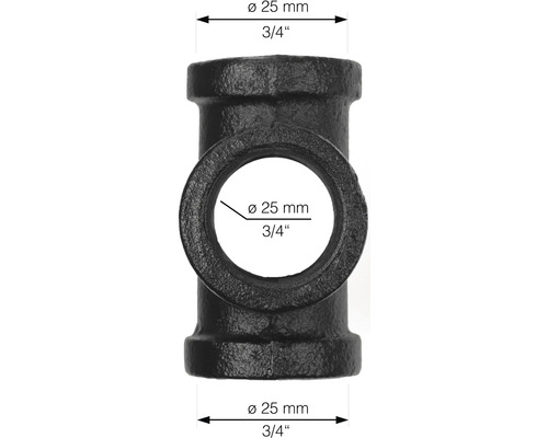 Černý T-kus z litiny, průměr 25 milimetrů, závit 3/4 palce