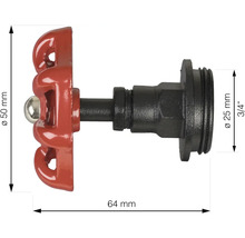 Kovový ventilový kohout o průměru 25 milimetrů (3/4 palce) a výšce 50 milimetrů