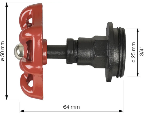 Kovový ventilový kohout o průměru 25 milimetrů (3/4 palce) a výšce 50 milimetrů