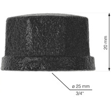 Černá litinová trubková zátka o velikosti 3/4 palce a výšce 20 mm.