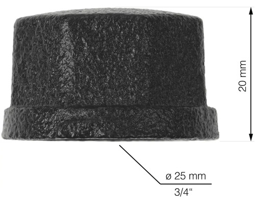 Černá litinová trubková zátka o velikosti 3/4 palce a výšce 20 mm.