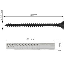 Obrázek 60milimetrového šroubu o průměru 4,5 milimetru a 50milimetrové hmoždinky o průměru 6 milimetrů.