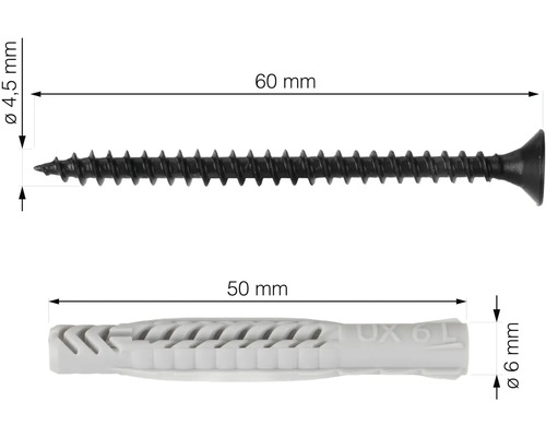 Obrázek 60milimetrového šroubu o průměru 4,5 milimetru a 50milimetrové hmoždinky o průměru 6 milimetrů.
