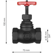 Kovový ventil o rozměrech 100 mm výška a 73 mm šířka