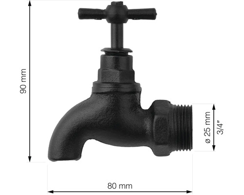 Kovový vodovodní kohoutek, 90 mm vysoký, 80 mm široký, průměr 25 mm