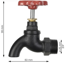 Vodovodní kohoutek o průměru 25 milimetrů a s 3/4palcovým připojením