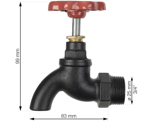 Vodovodní kohoutek o průměru 25 milimetrů a s 3/4palcovým připojením