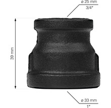 Černá trubková redukce s rozměry 25 milimetrů na 33 milimetrů a výškou 39 milimetrů.