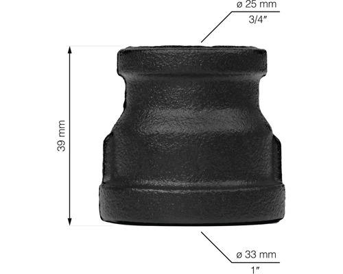 Černá trubková redukce s rozměry 25 milimetrů na 33 milimetrů a výškou 39 milimetrů.