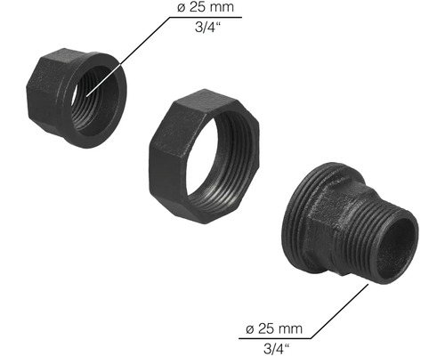 Šroubení z temperované litiny o průměru 25 mm a palcovém závitu 3/4