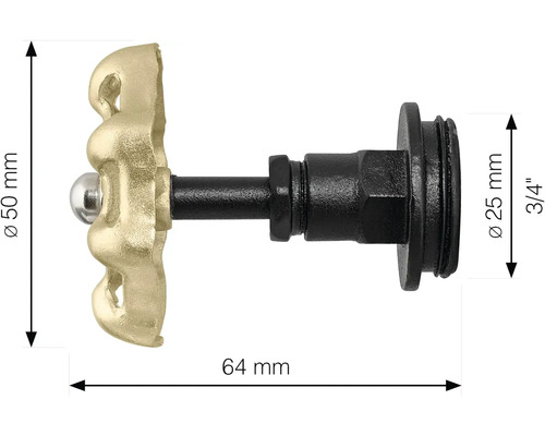 Mosazný uzavírací ventil o rozměrech 50, 25 a 64 milimetrů