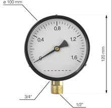 Manometr o průměru 100 mm a výšce 120 mm, vybavený 3/4palcovým a 1/2palcovým připojením