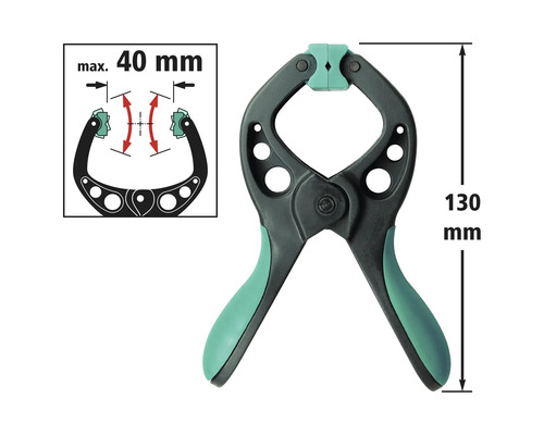 Pružinová svorka o délce 130 mm a maximální šířce rozevření 40 mm.