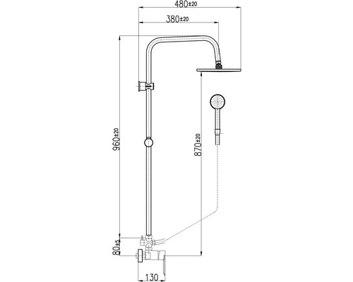 Technický výkres sprchové soupravy s rozměry
