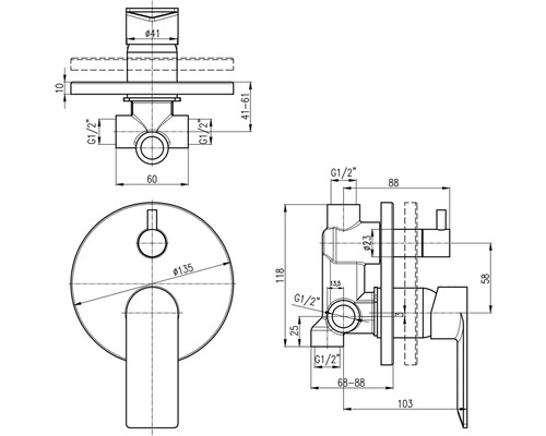 Technický nákres podomítkové baterie s rozměry