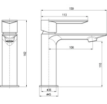 Technický nákres umyvadlové baterie s rozměry