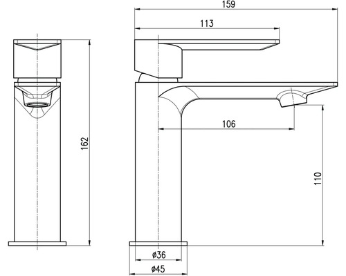Technický nákres umyvadlové baterie s rozměry