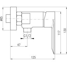 Technický nákres rohového ventilu s rozměry