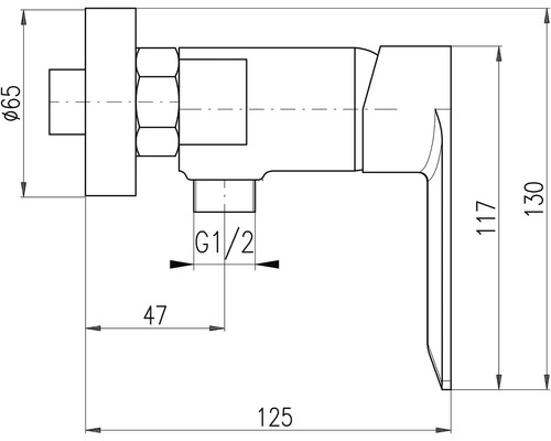 Technický nákres rohového ventilu s rozměry