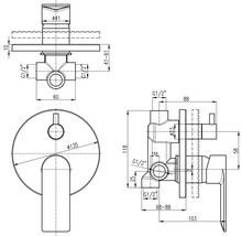 Technický nákres podomítkové baterie s rozměry