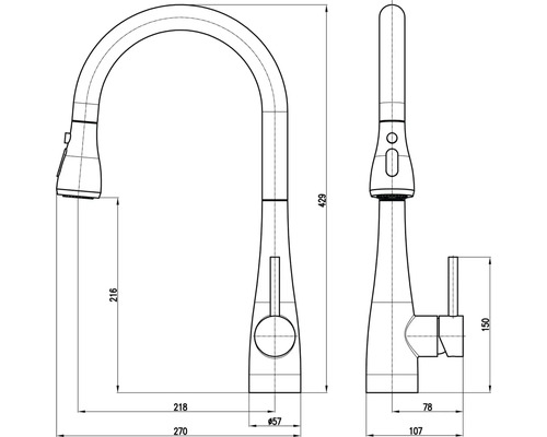 Technický nákres kuchyňské baterie s otočným výtokem a rozměry.
