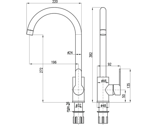 Technický výkres armatury s rozměry