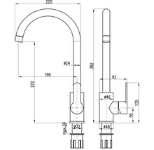 Technický výkres kuchyňské baterie s rozměry.