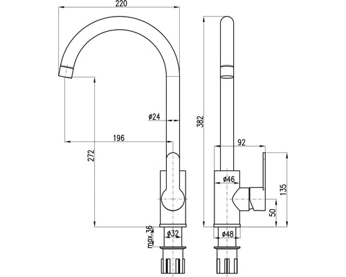 Technický výkres kuchyňské baterie s rozměry.