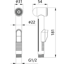 Technický nákres bidetové sprchy s rozměry