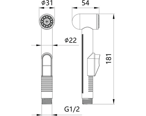Technický nákres bidetové sprchy s rozměry