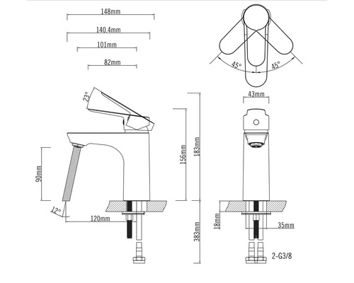 Technický výkres vodovodní baterie s rozměry