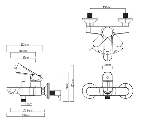 Technický výkres vodovodní baterie s rozměry