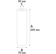 Ilustrace válce o rozměrech 250 mm výška, 70 mm vnější průměr a 30 mm vnitřní průměr