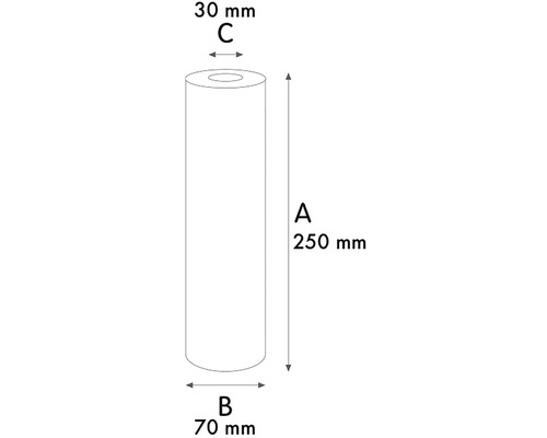 Ilustrace válce o rozměrech 250 mm výška, 70 mm vnější průměr a 30 mm vnitřní průměr