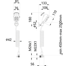 Technický nákres bidetové sprchy s rozměry