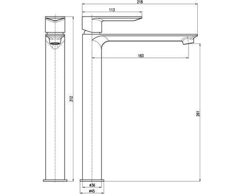 Technický nákres vodovodní baterie s rozměry